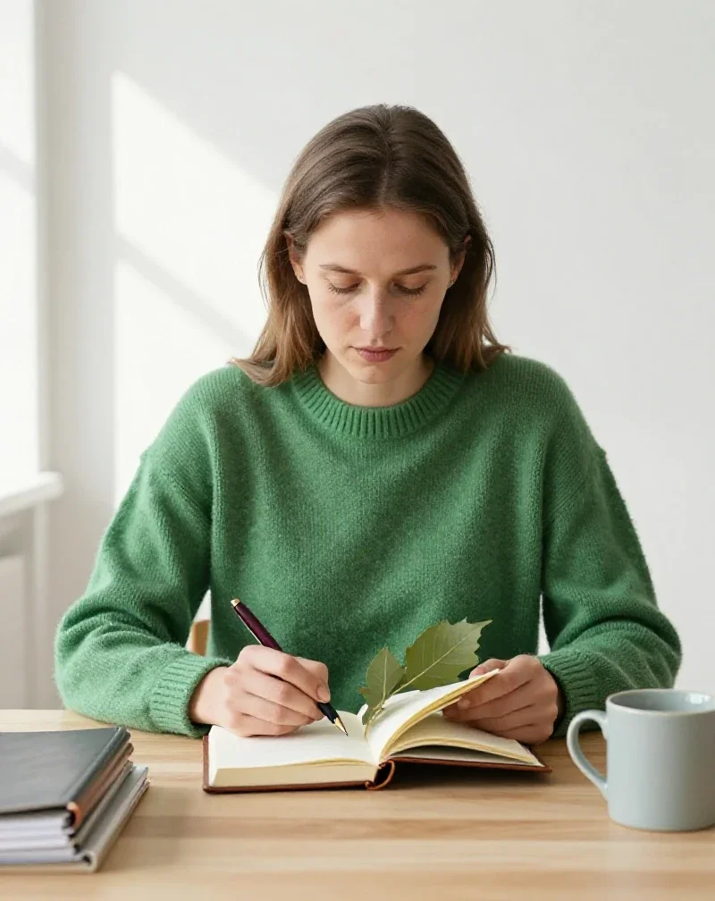 Une femme française consulte ses notes pour trouver des solutions aux besoins de la vie courante.